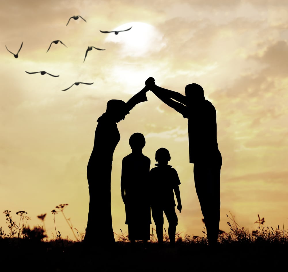 Family parents and children, secure and protecting home concept Family parents and children, secure and protecting home concept